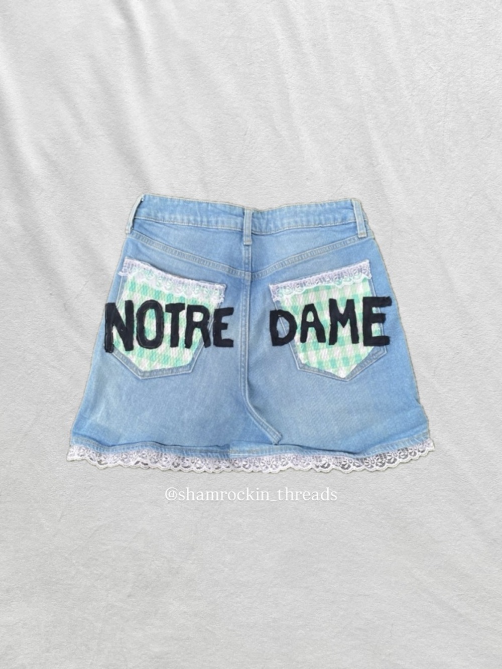 Notre Dame patchwork lace gingham denim jean mini skirt